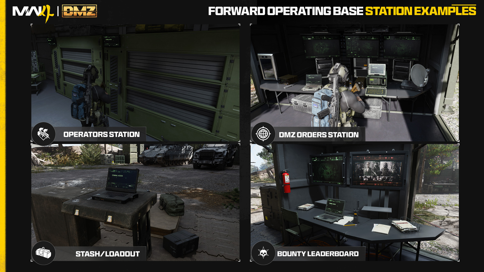 FOB station examples showing Operators, DMZ Orders, Stash/Loadout, and Bounty Leaderboard.