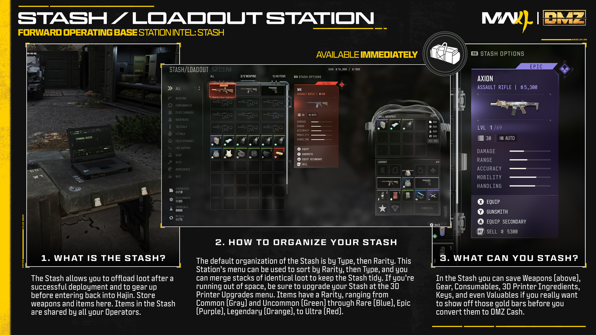 Stash/Loadout screen showing the inventory, backpack, and equipped gear.